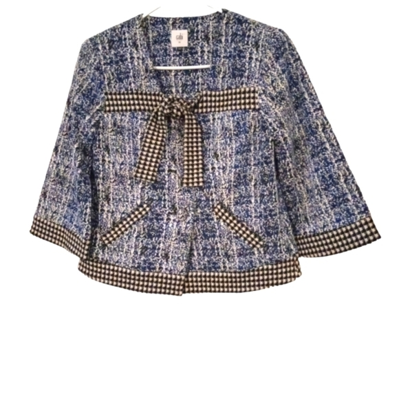 Cabi Tweed Reina 21 Club Blue/White/ Checkered Accented Jacket Blazer Unique XS - Picture 1 of 12